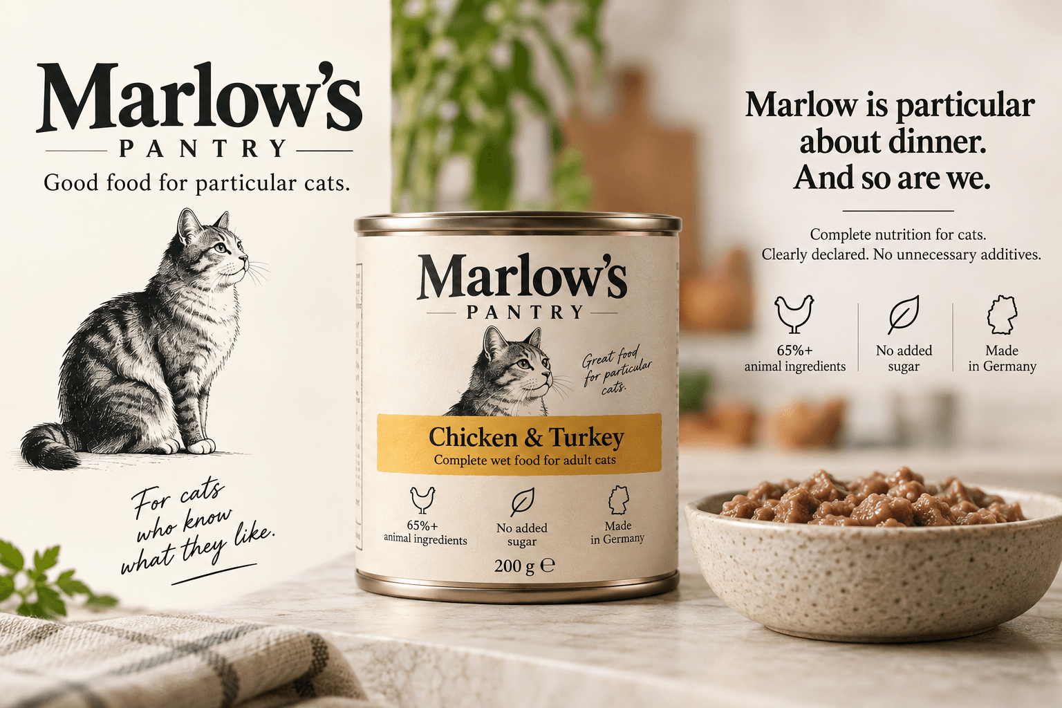 Marlow’s Pantry food beside a bowl of wet cat food
